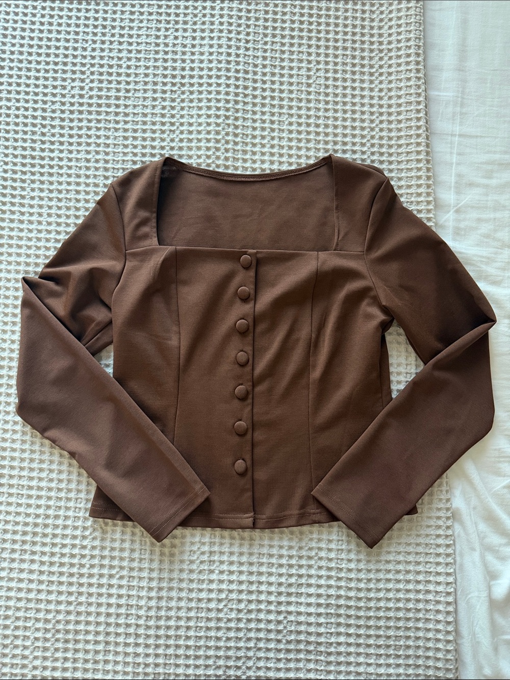 Long Sleeve Square Neck Button Front Top - Brown